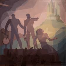 Painting of a group pointing to the castle in the horizon. 